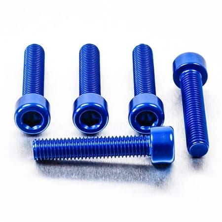 Five blue alloy parallel Allen head bolts, each measuring M8 x 1.25mm x 35mm, showcasing a shiny finish and textured grip for easy installation.