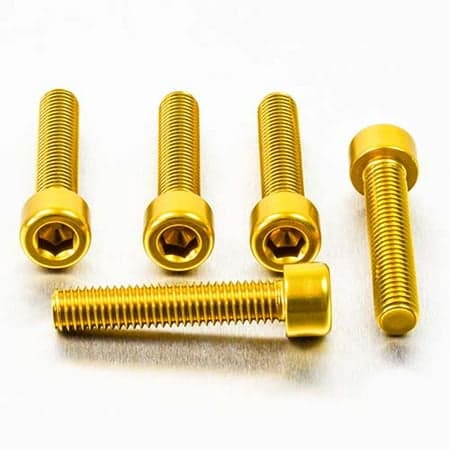 Five gold alloy parallel Allen head bolts, each measuring M8 x 1.25mm x 35mm, showcasing a shiny finish and hexagonal socket for easy installation.