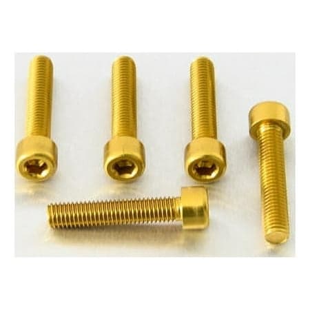 Five gold alloy parallel Allen head bolts, each measuring M8 x 1.25mm x 40mm, showcasing a shiny finish and hexagonal socket for easy installation.