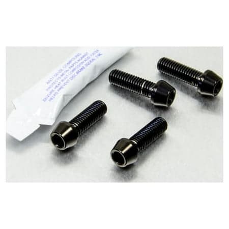 Pro-Bolt stainless steel bottom clamp yoke pinch bolt kit featuring four black bolts with a shiny finish and a small tube of lubricant.