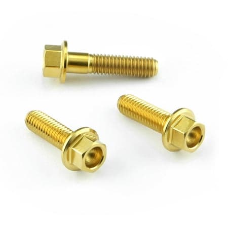 Gold stainless steel brake and clutch lever perch pinch bolt kit featuring three bolts with hex heads and smooth threads, designed for durability and performance.