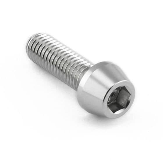 Silver stainless steel brake and clutch lever perch pinch bolt with a hexagonal socket head and finely threaded shaft, designed for durability and performance.