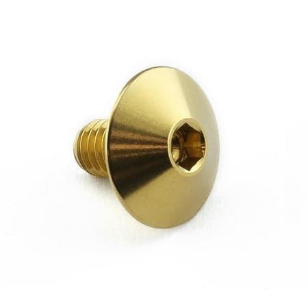 Gold stainless steel exhaust heat shield mount bolt with a rounded head and hexagonal socket, designed for durability and performance in automotive applications.