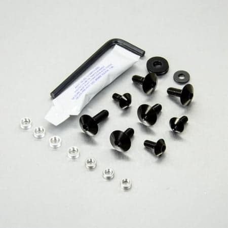 Pro-Bolt Stainless Steel Mudguard & Hugger Bolt Kit in black, featuring black screws, silver washers, an Allen key, and a small tube of adhesive on a light gray background.