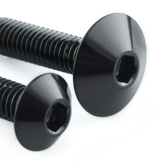 Black stainless steel number plate mounting bolts with a hexagonal socket and wide, flat heads, designed for durability and a sleek appearance.