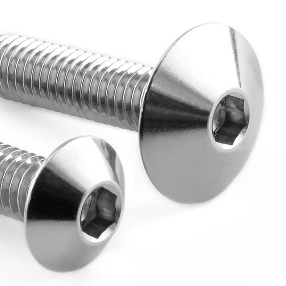 Silver stainless steel number plate mounting bolts with a hexagonal socket head and wide, flat washers, designed for durability and secure fastening.