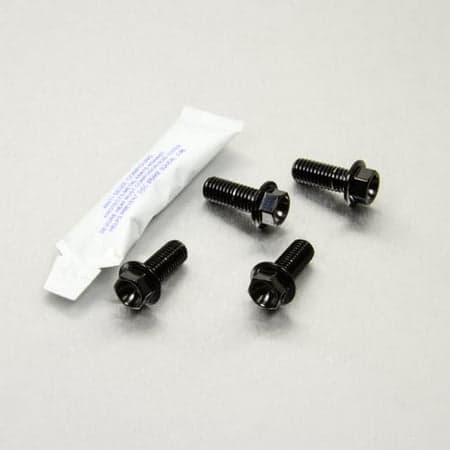 Pro-Bolt stainless steel pillion footrest hanger bolt kit in black, featuring four hex head bolts and a small packet of adhesive, all displayed on a silver background.