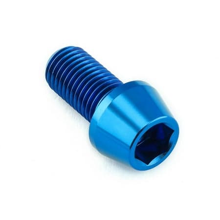 Blue tapered Allen head titanium bolt, measuring M10 x 1.25mm x 20mm, showcasing a shiny finish and hexagonal socket for easy installation.