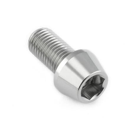 Tapered Allen head titanium bolt in natural finish, measuring M10 x 1.25mm x 20mm, featuring a shiny, smooth surface and hexagonal socket for tool insertion.