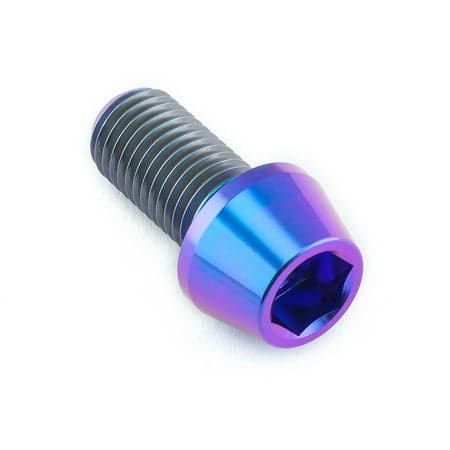 Tapered purple titanium Allen head bolt, M10 size, with a 1.25mm thread pitch and 20mm length, showcasing a shiny, iridescent finish and hexagonal socket.