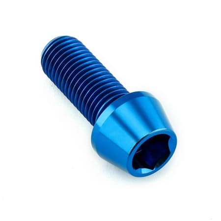 Tapered Allen head titanium bolt in vibrant blue, measuring M10 x 1.25mm x 25mm, featuring a smooth finish and deep hex socket for easy installation.