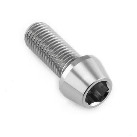 Tapered Allen head titanium bolt in a natural metallic finish, measuring M10 x 1.25mm x 25mm, featuring a smooth shaft and hexagonal recess for easy installation.