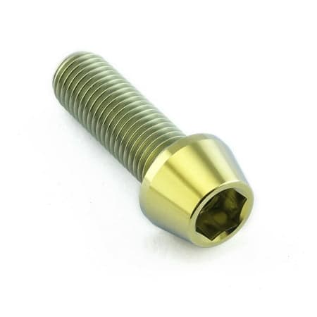Gold tapered Allen head titanium bolt, measuring M10 x 1.25mm x 30mm, featuring a smooth finish and hexagonal socket for easy installation.