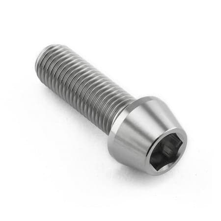 Tapered Allen head titanium bolt in natural finish, measuring M10 x 1.25mm x 30mm, features a smooth, shiny surface and a hexagonal socket for tool insertion.