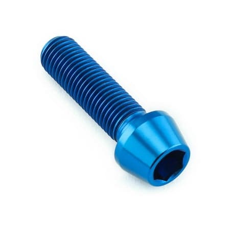 Blue tapered Allen head titanium bolt, measuring M10 x 1.25mm x 35mm, featuring a smooth finish and deep hex socket for secure fastening.