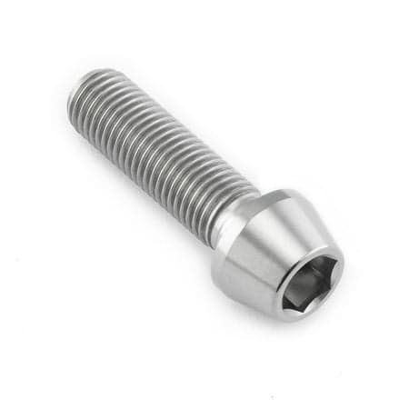 Tapered Allen head titanium bolt in natural finish, measuring M10 x 1.25mm x 35mm, featuring a smooth shaft and a hexagonal socket for easy installation.