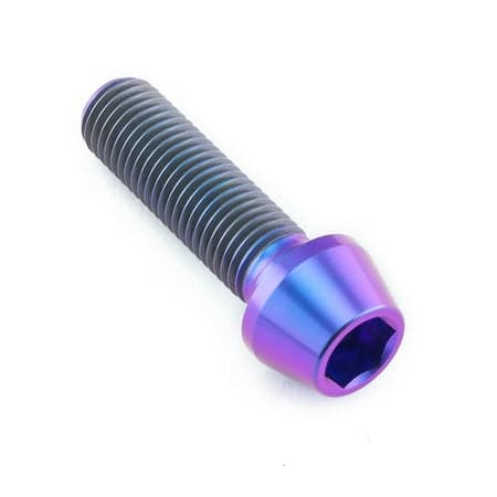 Tapered Allen head titanium bolt in purple, measuring M10 x 1.25mm x 35mm, featuring a shiny finish and distinct threading for secure fastening.