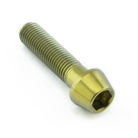 Gold titanium tapered Allen head bolt, M10 size, measuring 40mm in length with a 25mm thread length, featuring a smooth finish and deep hex socket for easy installation.