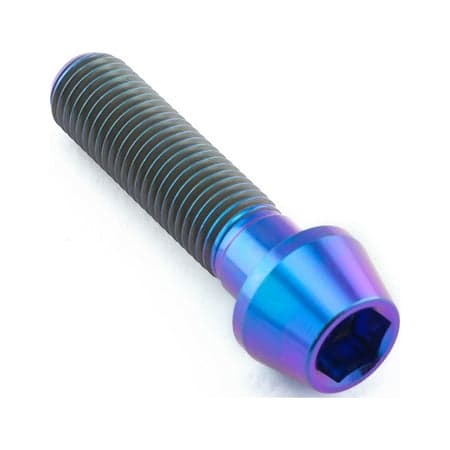 Purple titanium tapered Allen head bolt, M10 size, 1.25mm pitch, 40mm length, featuring a shiny finish and prominent threads for enhanced grip.