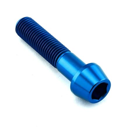 Pro-Bolt tapered Allen head titanium bolt in blue, measuring M10 x 1.25mm x 45mm, featuring a smooth finish and distinct threaded shaft for secure fastening.