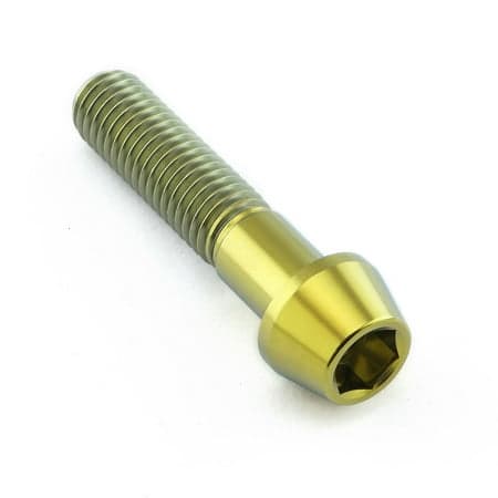 Gold titanium tapered Allen head bolt, measuring M10 x 1.25mm x 45mm with a 25mm length, featuring a smooth finish and distinct hexagonal socket for easy installation.