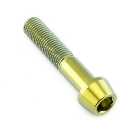 Gold titanium tapered Allen head bolt, measuring M10 x 1.25mm x 50mm, featuring a smooth finish and distinct threading along the shaft.