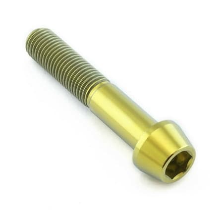 Gold titanium tapered Allen head bolt, measuring M10 x 1.25mm x 55mm, featuring a smooth finish and prominent threading for secure fastening.