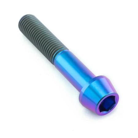 Tapered Allen head titanium bolt in purple and blue gradient, measuring M10 x 1.25mm x 55mm, featuring a smooth finish and prominent threading along the shaft.