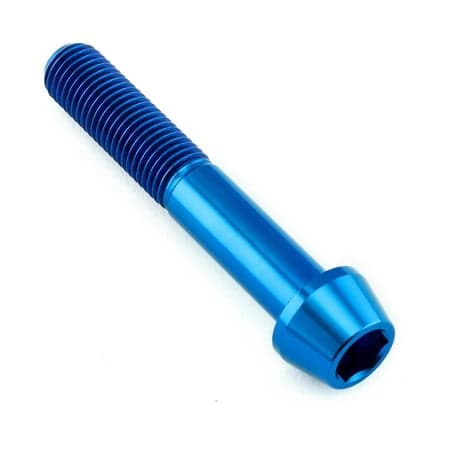 Tapered blue titanium Allen head bolt measuring M10 x 1.25mm x 60mm, featuring a sleek design and durable construction for enhanced performance.