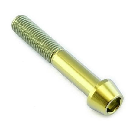 Gold titanium tapered Allen head bolt, measuring M10 x 1.25mm x 60mm with a 30mm thread length, featuring a smooth, shiny finish and a hexagonal socket for easy installation.
