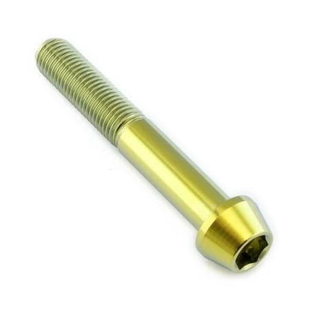 Gold titanium tapered Allen head bolt, measuring M10 X 1.25mm X 65mm, featuring a sleek finish and textured grip for enhanced performance.