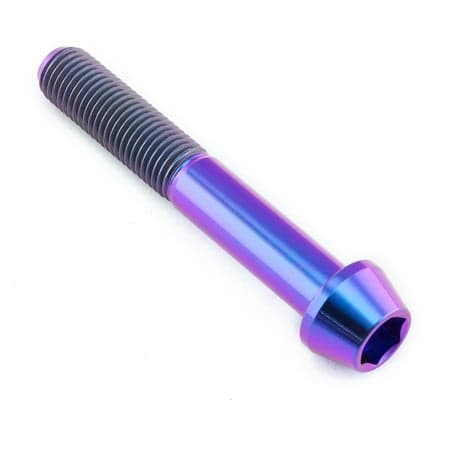 Tapered Allen head titanium bolt in purple, measuring M10 X 1.25mm X 65mm with a 25mm length, featuring a shiny, iridescent finish and distinct threading.