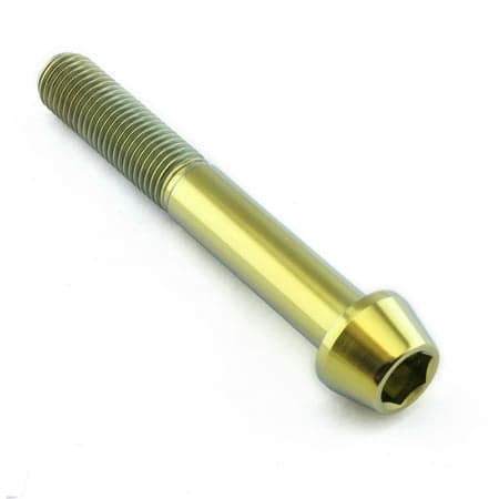 Gold titanium M10 tapered Allen head bolt, measuring 70mm in length with a 25mm thread, featuring a smooth finish and hexagonal socket for easy installation.