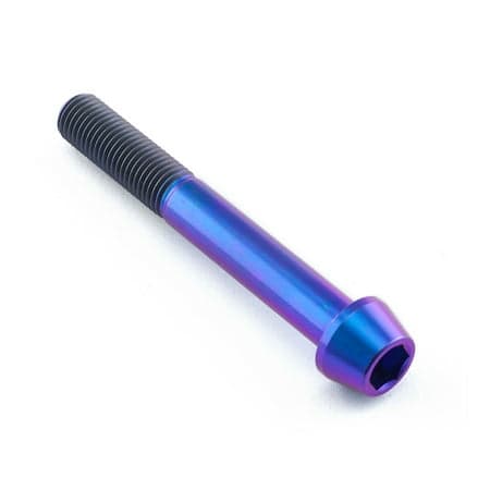 Tapered Allen head titanium bolt in vibrant purple, measuring M10 x 1.25mm x 75mm, featuring a smooth finish and distinct threading for durability and style.