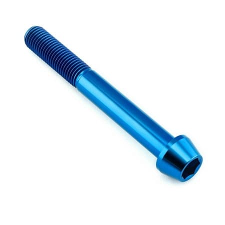 Blue titanium tapered Allen head bolt, measuring M10 x 1.25mm x 80mm with a 25mm head, featuring a smooth, polished finish and deep hex socket for secure fitting.