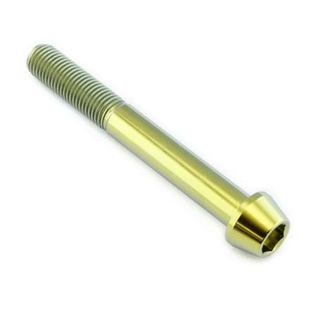 Gold tapered Allen head titanium bolt, measuring M10 X 1.25mm X 80mm, featuring a smooth finish and prominent threading for secure fastening.