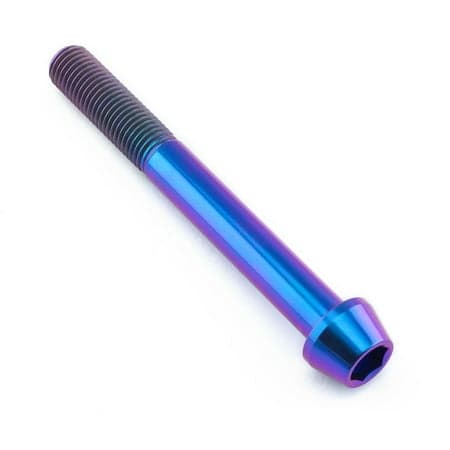 Purple tapered Allen head titanium bolt, measuring M10 X 1.25mm X 85mm with a 30mm length, featuring a shiny, reflective finish and distinct threading.