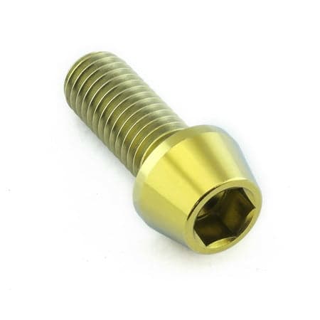 Gold titanium tapered Allen head bolt, M10 size, with a 1.50mm thread pitch and 25mm length, featuring a hexagonal socket for easy installation.