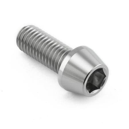 Tapered Allen head titanium bolt in natural finish, measuring M10 x 1.50mm x 25mm, featuring a shiny metallic surface and a hexagonal socket for tool insertion.