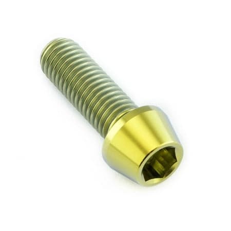 Gold titanium tapered Allen head bolt, M10 size, 1.50mm thread pitch, 30mm length, featuring a shiny finish and distinct hexagonal socket for tool engagement.