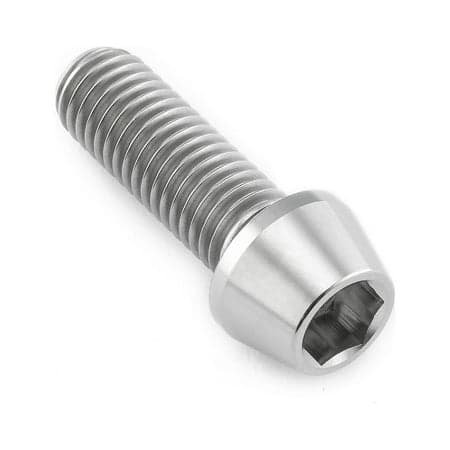 Tapered Allen head titanium bolt in natural finish, measuring M10 x 1.50mm x 30mm, featuring a smooth, shiny surface and distinct spiral threading.