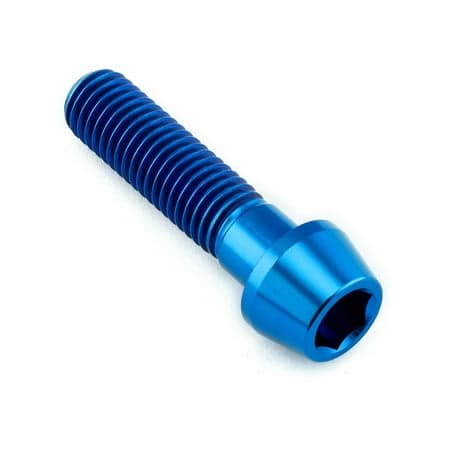 Blue tapered Allen head titanium bolt, M10 x 1.50mm x 40mm with a 25mm length, featuring a shiny, smooth surface and distinct threaded design.