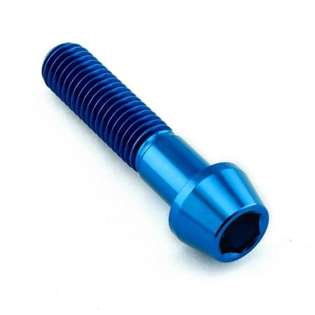 Tapered Allen head titanium bolt in blue, measuring M10 x 1.50mm x 45mm with a 25mm head, featuring a polished finish and deep hex socket for easy installation.