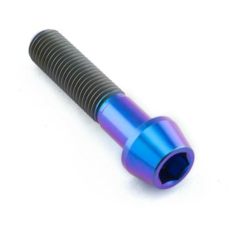 Tapered Allen head titanium bolt in purple, measuring M10 x 1.50mm x 45mm, featuring a shiny finish and distinct threading along the shaft.