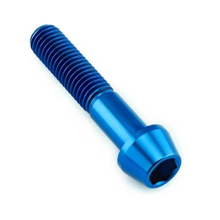 Blue tapered Allen head titanium bolt, measuring M10 x 1.50mm x 50mm, featuring a smooth finish and deep hex socket for secure fitting.