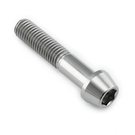 Tapered Allen head titanium bolt in natural finish, measuring M10 x 1.50mm x 50mm, featuring a shiny, lightweight design with visible threading along the shaft.