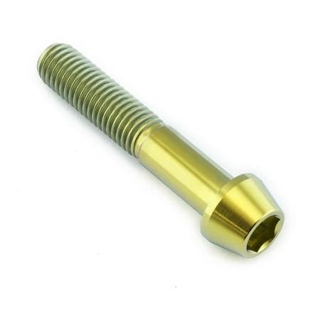 Gold tapered Allen head titanium bolt, measuring M10 x 1.50mm x 55mm with a 25mm head, showcasing a shiny, durable finish and precision threading.