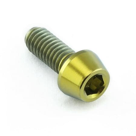 Gold titanium tapered Allen head bolt, M4 size, with a 0.70mm thread pitch and 10mm length, featuring a smooth, polished finish and hexagonal socket for easy installation.