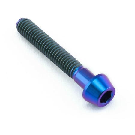 Tapered Allen head titanium bolt in purple, measuring M4 X 0.70mm X 25mm, featuring a shiny finish and distinct threading along the shaft.