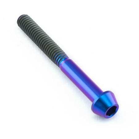 Tapered Allen head titanium bolt in purple, measuring M4 x 0.70mm x 35mm, featuring a shiny finish and distinct color gradient.